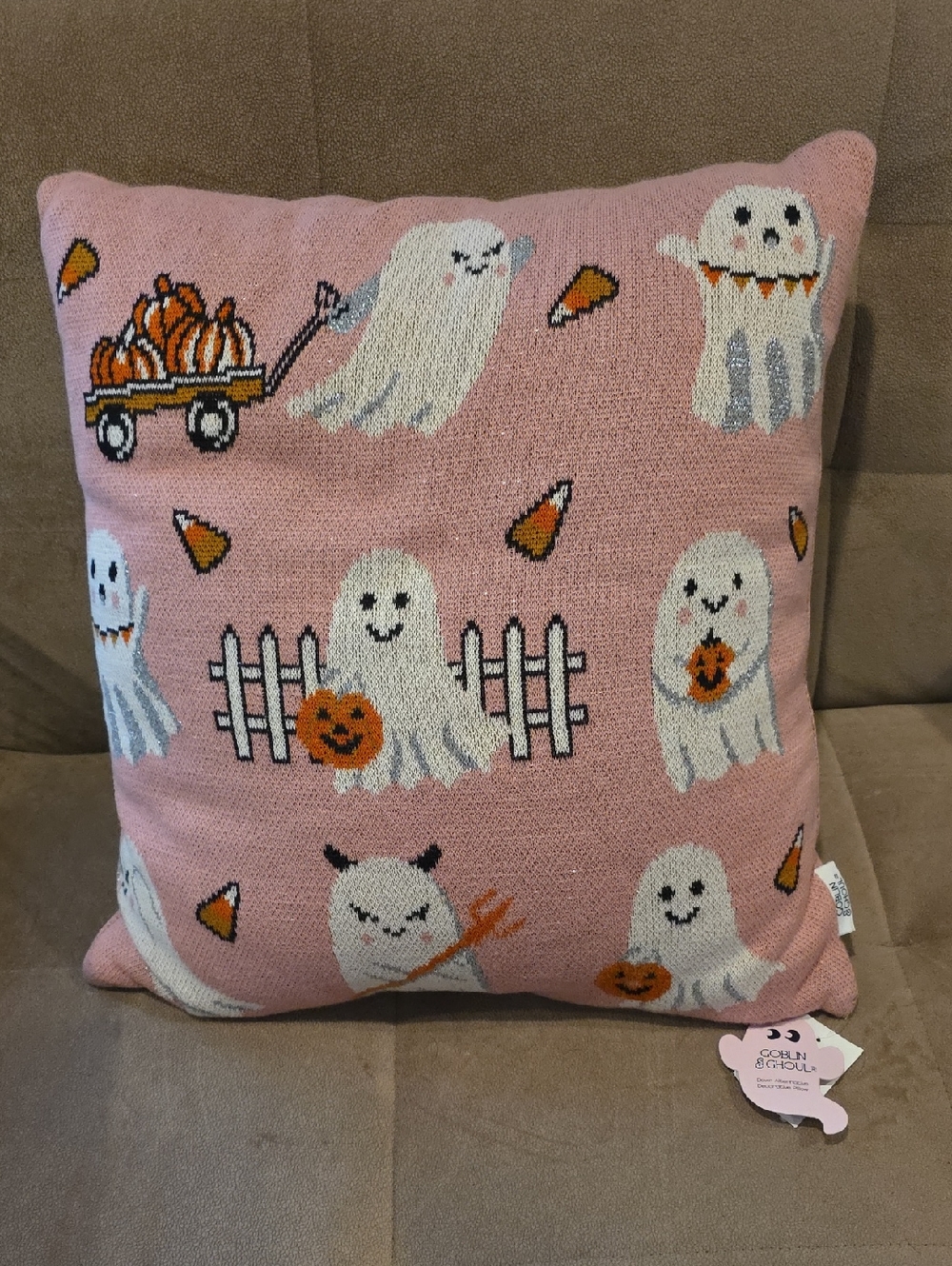 Goblin & Ghoul Pink Ghost Knit Halloween Accent Pillow Down Alternative NEW